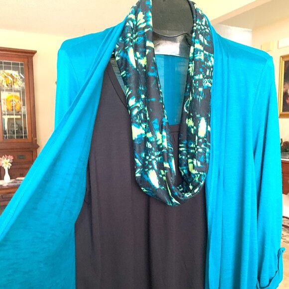 NWOT Coral Bay 3 Piece Attached Open Front Teal Sweater, Tank & Scarf size Large - Picture 4 of 8